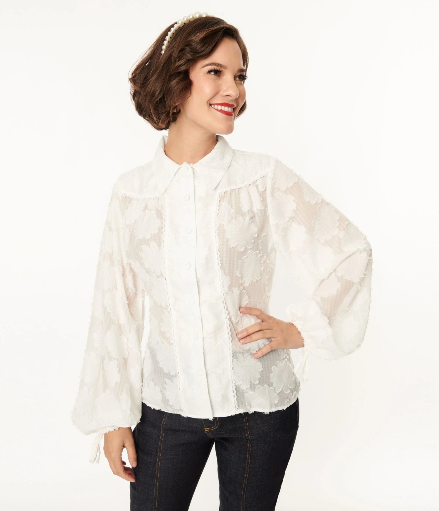Unique Vintage White Floral Francesca Blouse - Image 2