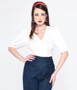 Unique Vintage White Heart Puff Sleeve Blouse