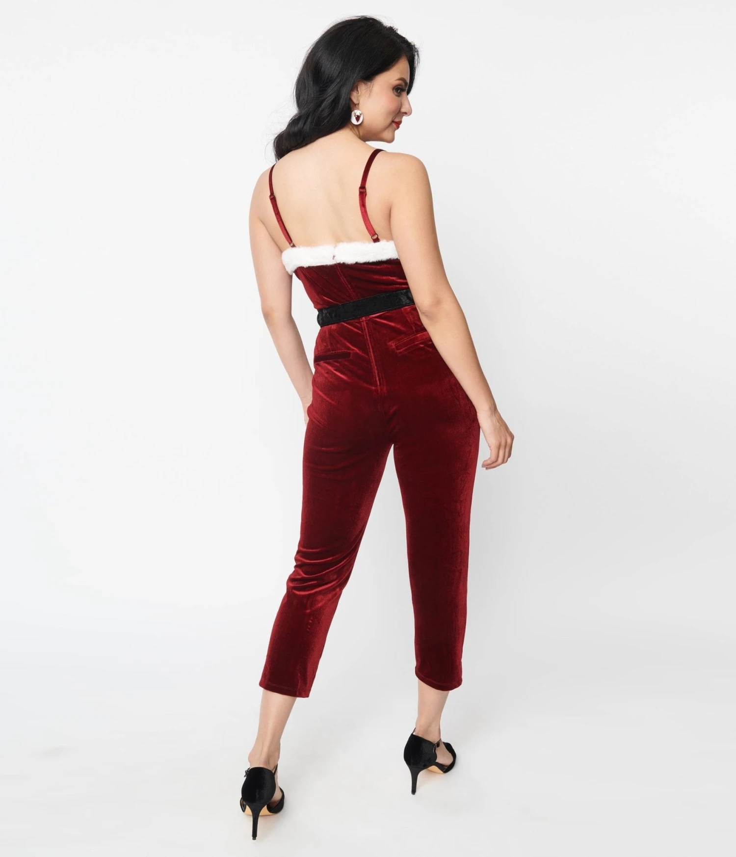 Unique Vintage Wine Red Velvet & White Faux Fur Cropped Jumpsuit - Image 3