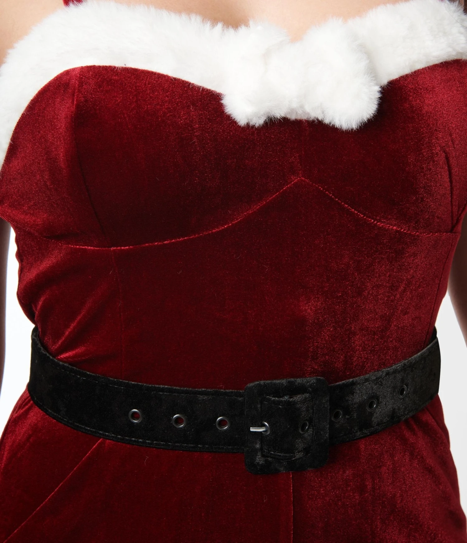 Unique Vintage Wine Red Velvet & White Faux Fur Cropped Jumpsuit - Image 2