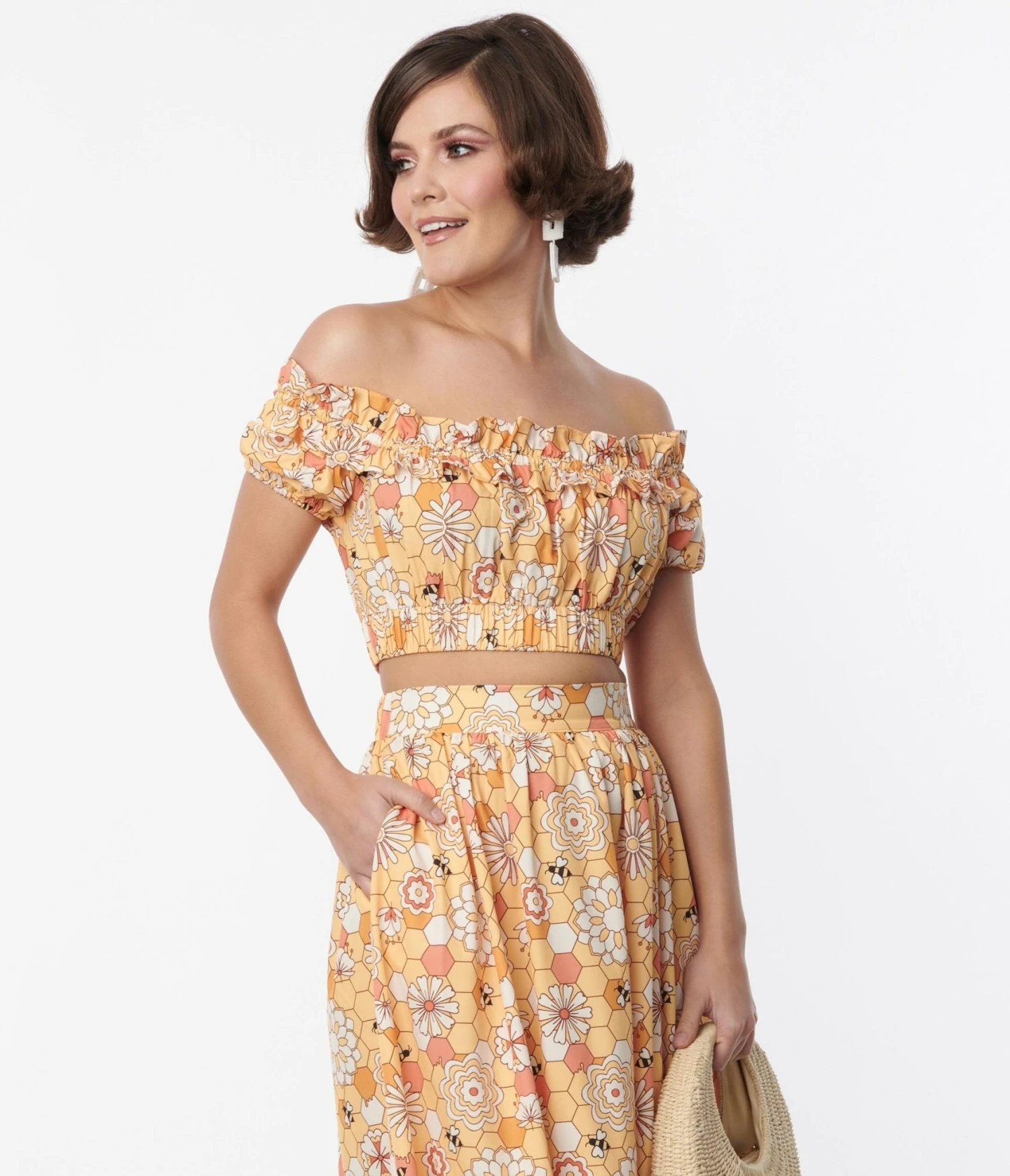 Unique Vintage Yellow Bee Print Ruffle Up Crop Top