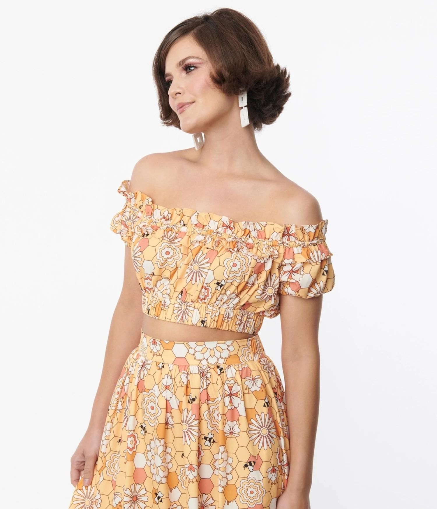 Unique Vintage Yellow Bee Print Ruffle Up Crop Top - Image 5