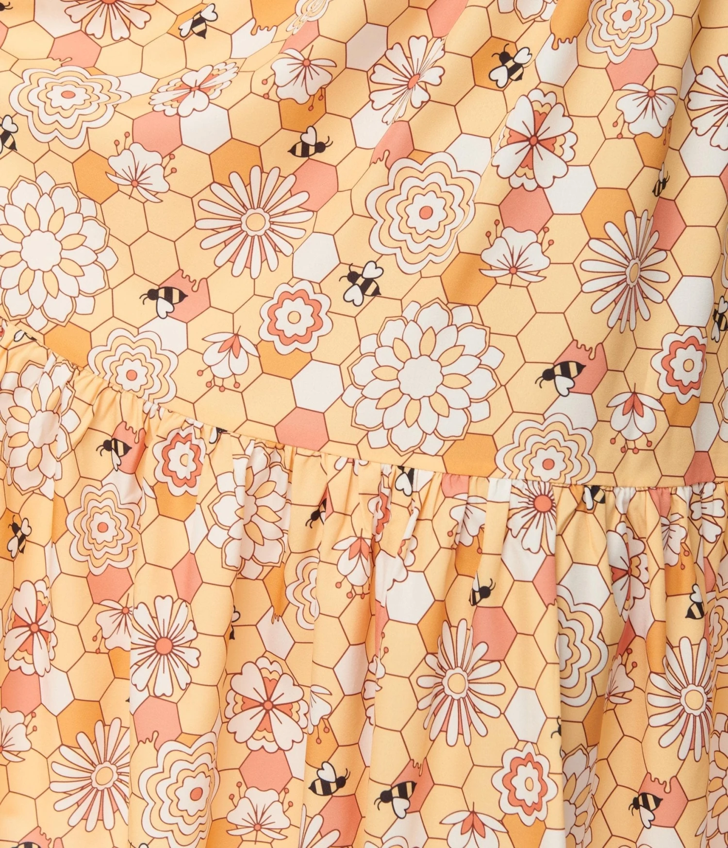 Unique Vintage Yellow Bee Print Ruffle Up Crop Top - Image 2