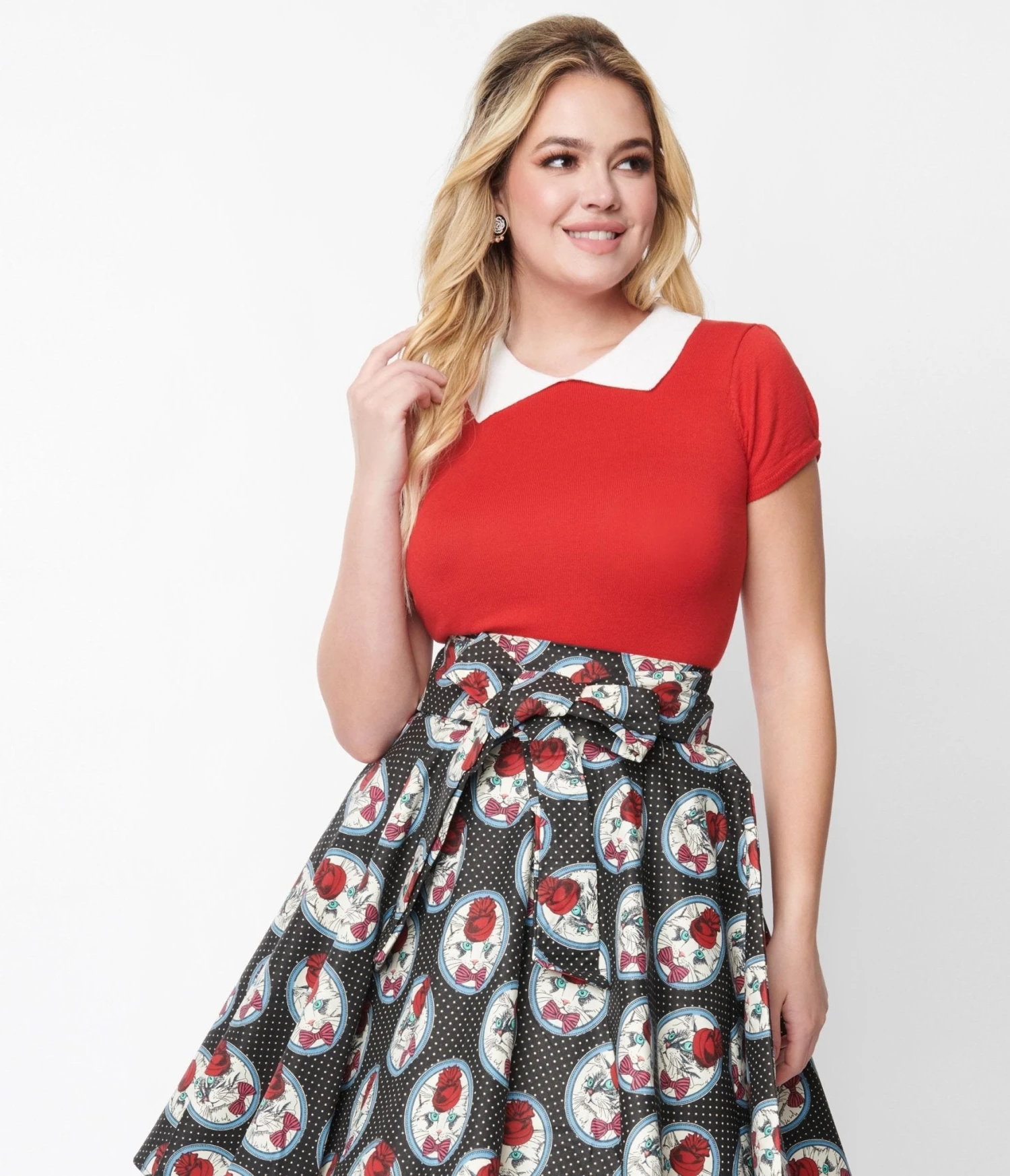 Vintage Style Red & White Collar Sweater Knit Top - Image 3