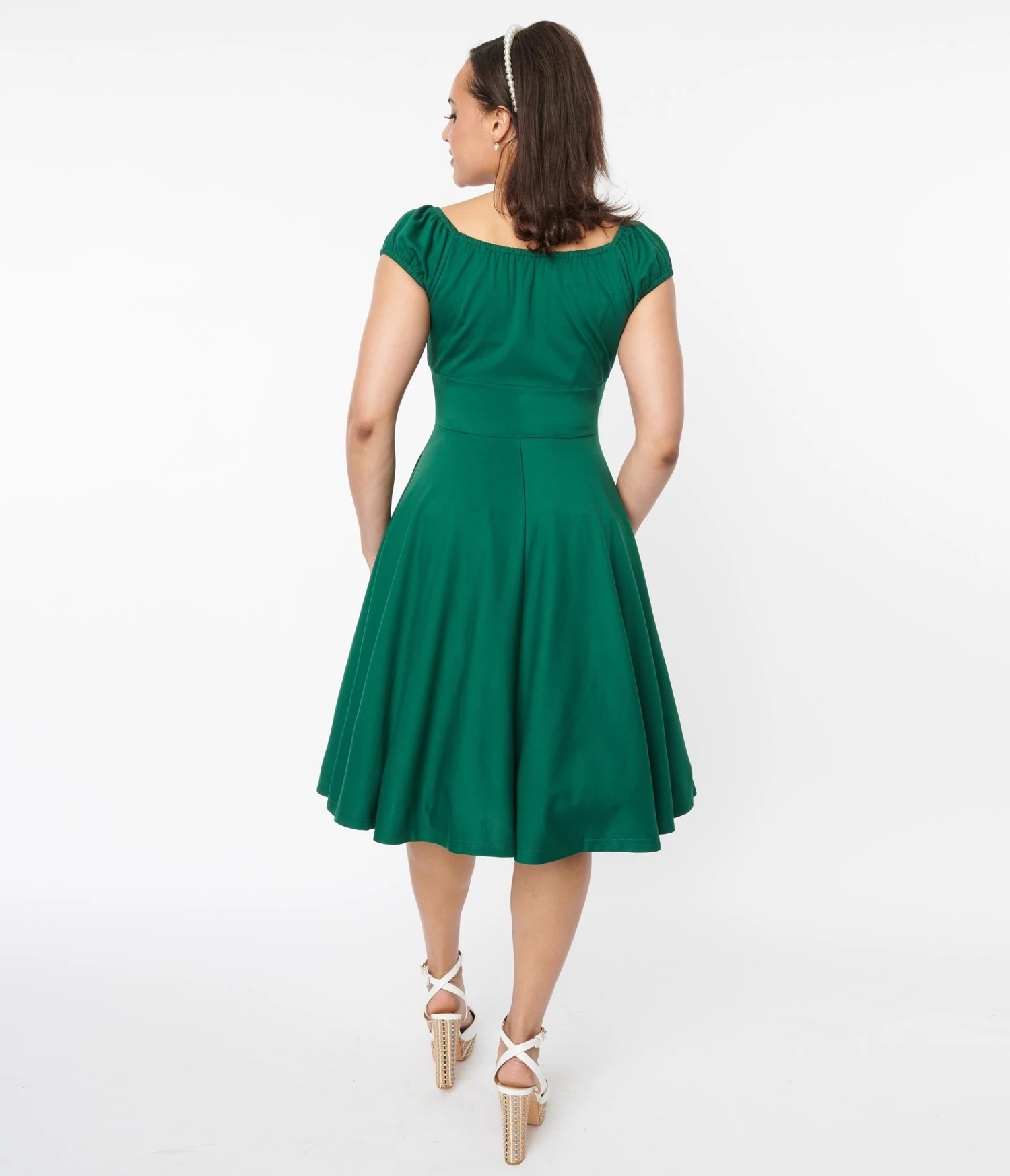 Voodoo Vixen Emerald Green Puff Sleeve Swing Dress - Image 2