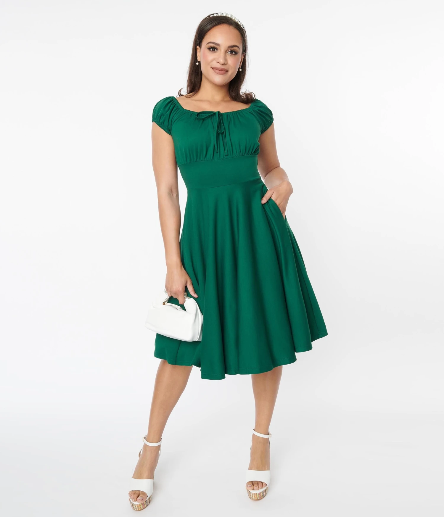 Voodoo Vixen Emerald Green Puff Sleeve Swing Dress - Image 3