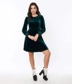 Voodoo Vixen Emerald Green Velvet Satin Fit & Flare Dress
