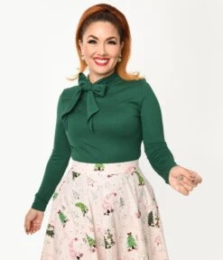 Voodoo Vixen Green Retro Tie Neck Jersey Top