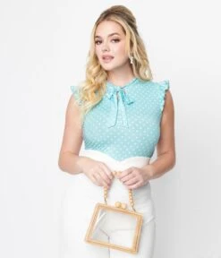 Voodoo Vixen Mint Polka Dot Tie Neck Top