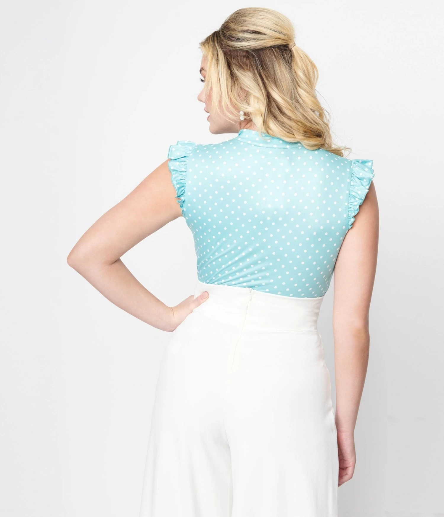 Voodoo Vixen Mint Polka Dot Tie Neck Top - Image 3