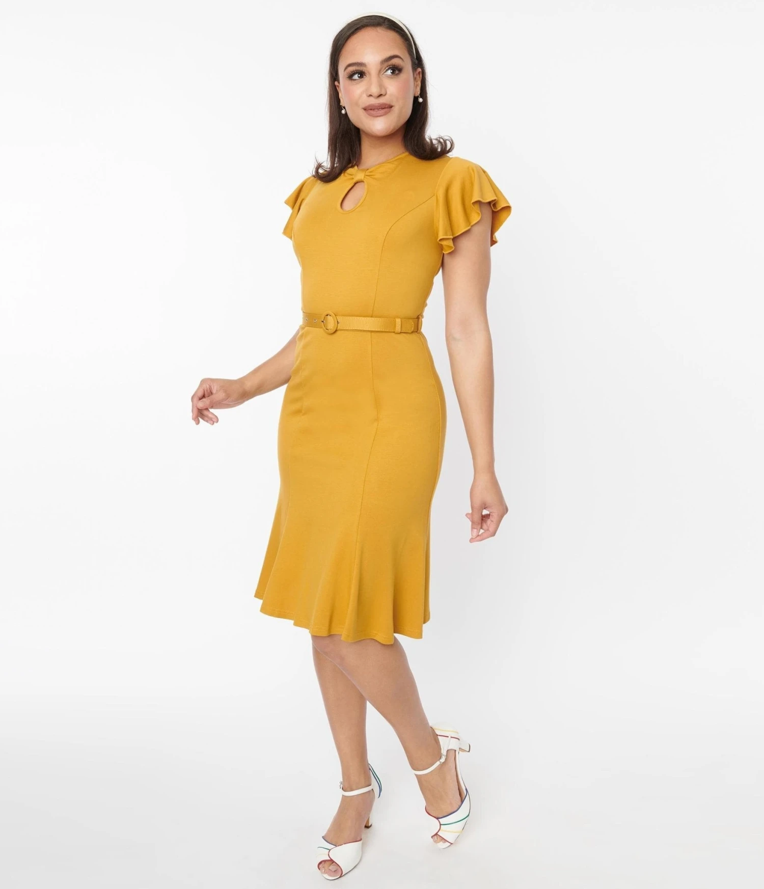 Voodoo Vixen Mustard Flutter Sleeve Fit & Flare Dress - Image 5