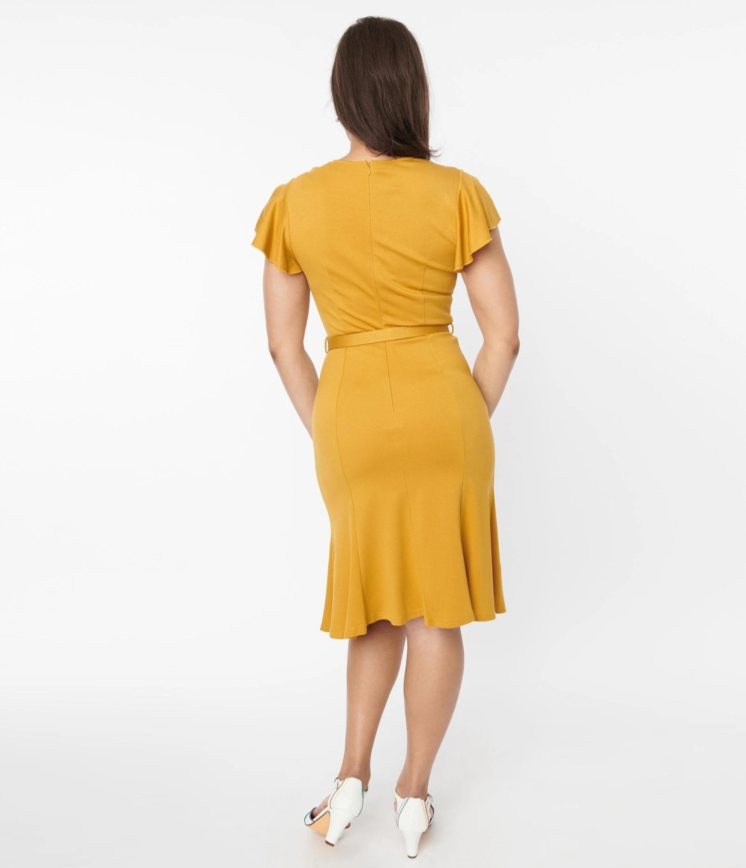 Voodoo Vixen Mustard Flutter Sleeve Fit & Flare Dress - Image 3
