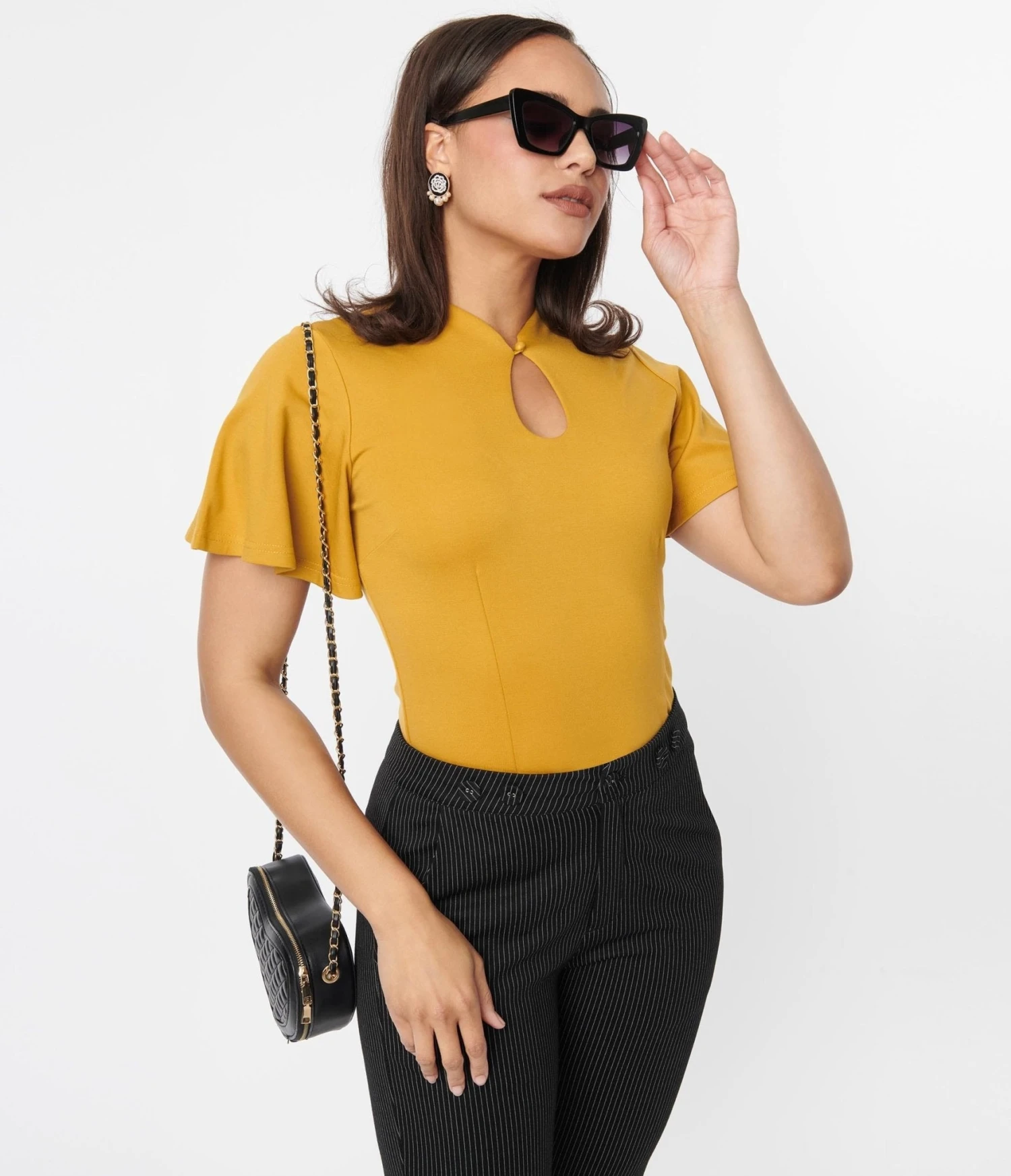 Voodoo Vixen Mustard Flutter Sleeve Top