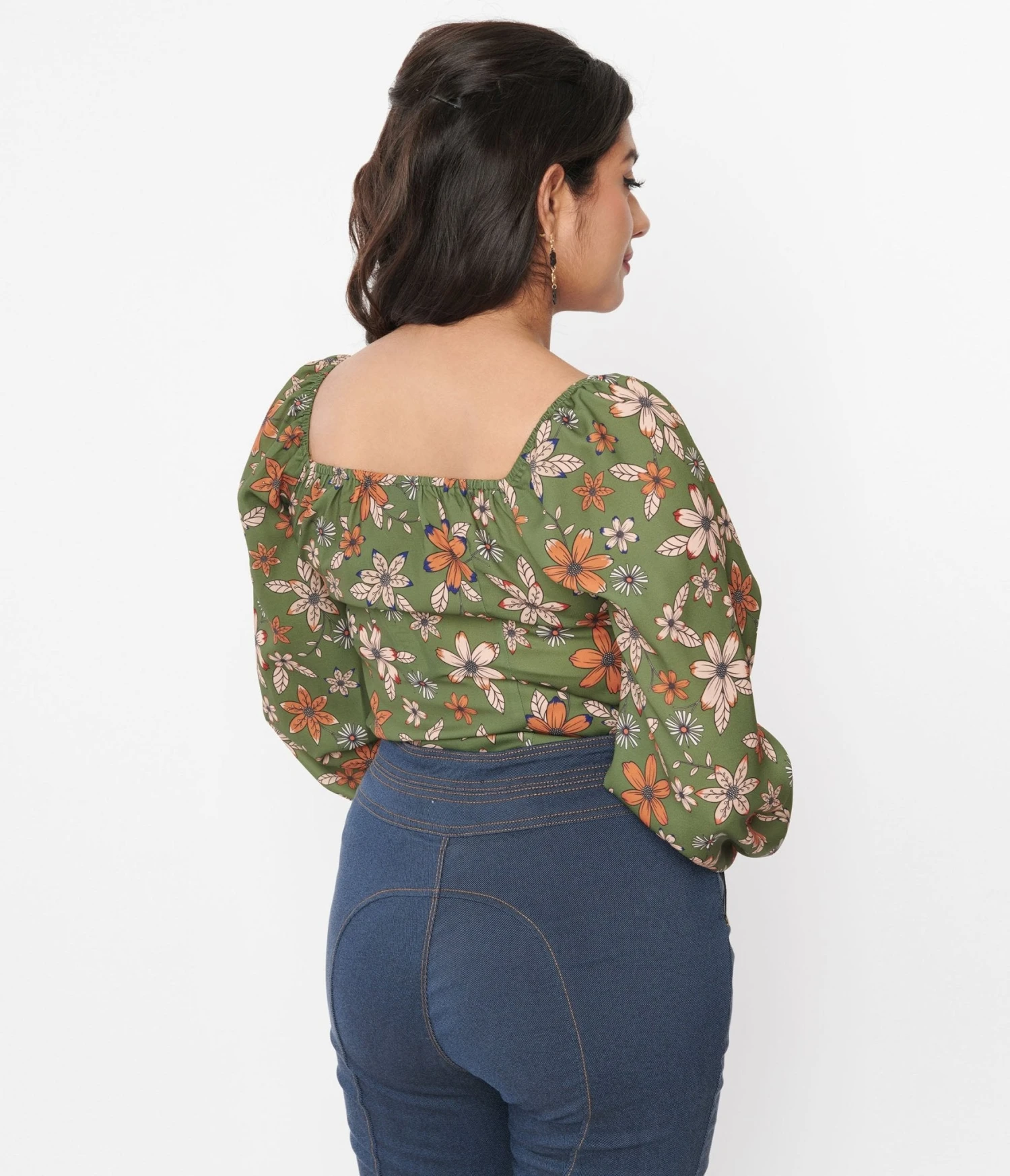 Voodoo Vixen Olive Green Modern Floral Long Sleeve Top - Image 3