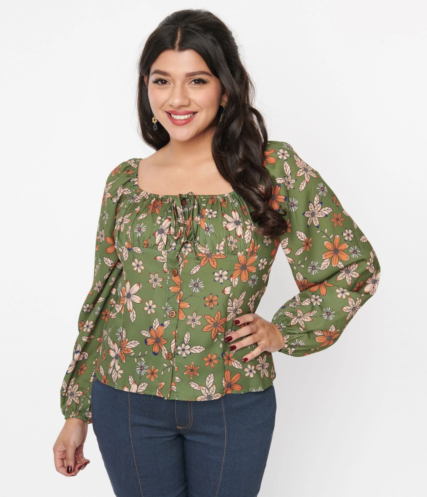 Voodoo Vixen Olive Green Modern Floral Long Sleeve Top - Image 2