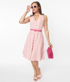 Voodoo Vixen Pink Striped Halter Swing Dress