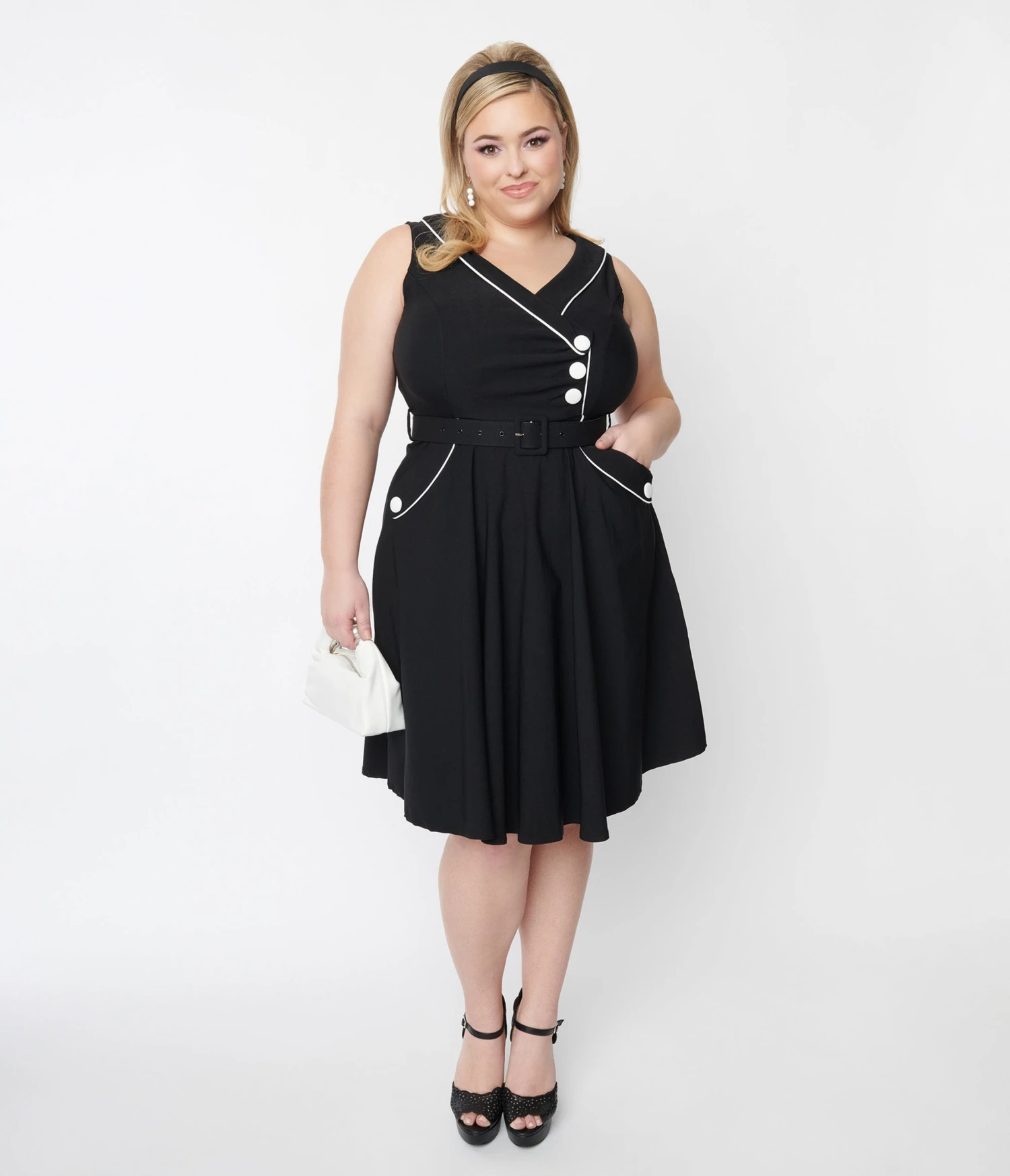 Voodoo Vixen Plus Size Black & White Asymmetrical Belted Swing Dress - Image 5