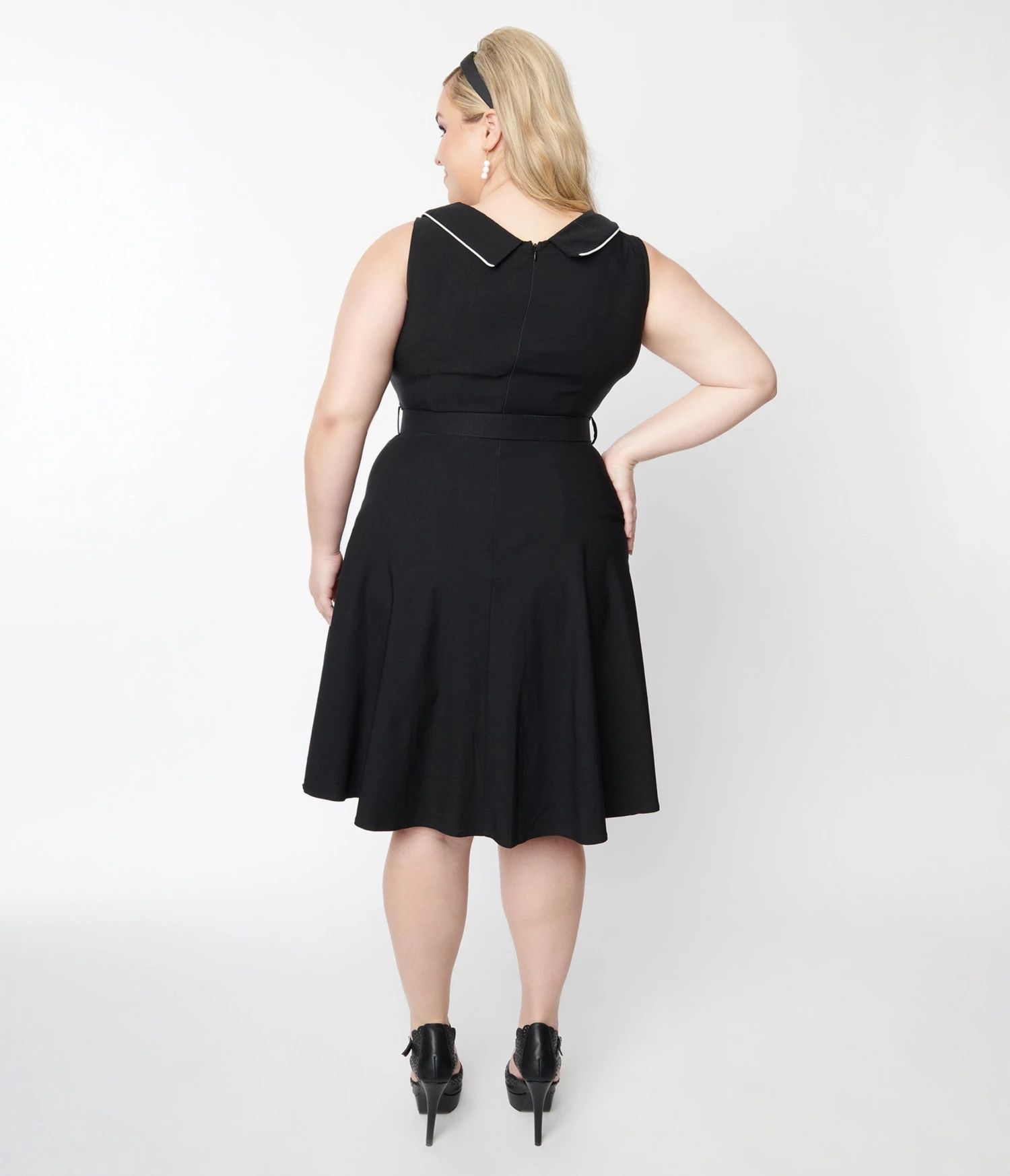 Voodoo Vixen Plus Size Black & White Asymmetrical Belted Swing Dress - Image 3