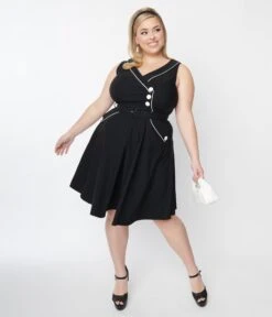 Voodoo Vixen Plus Size Black & White Asymmetrical Belted Swing Dress