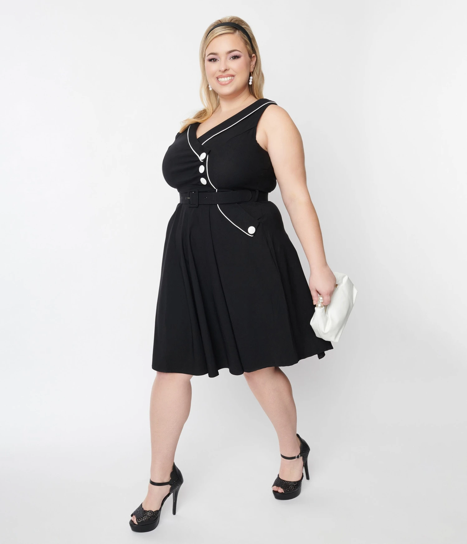 Voodoo Vixen Plus Size Black & White Asymmetrical Belted Swing Dress - Image 4