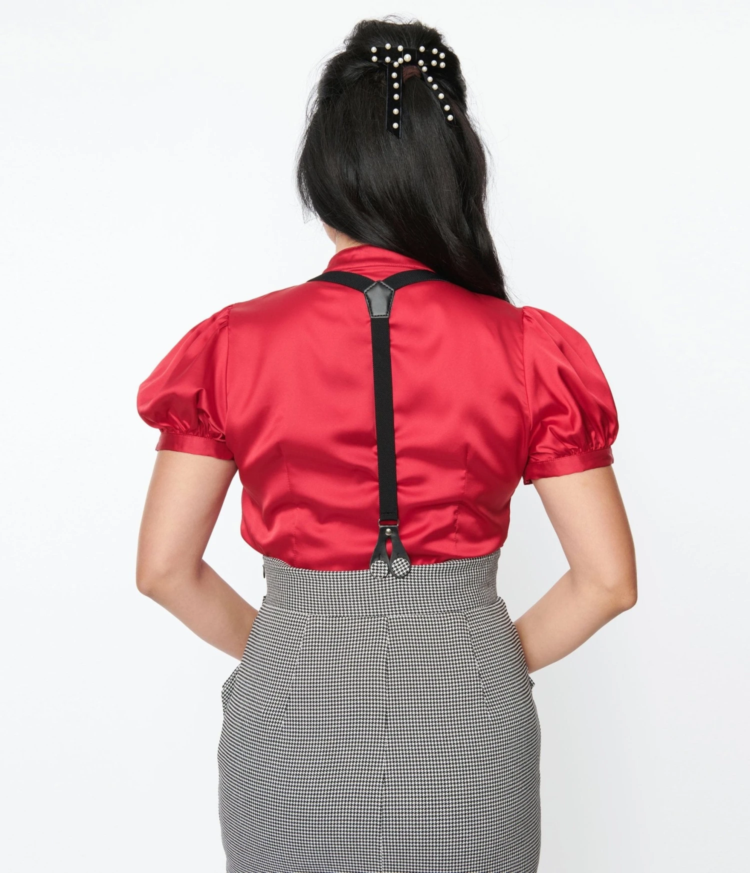 Voodoo Vixen Wine Red Bold Bow Satin Blouse - Image 2