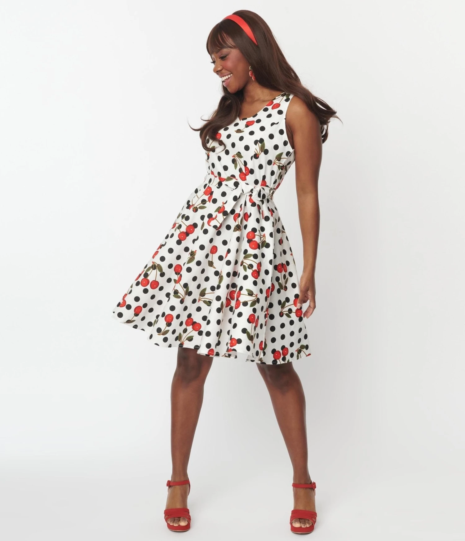 White & Black Polka Dot Cherries Swing Dress - Image 4