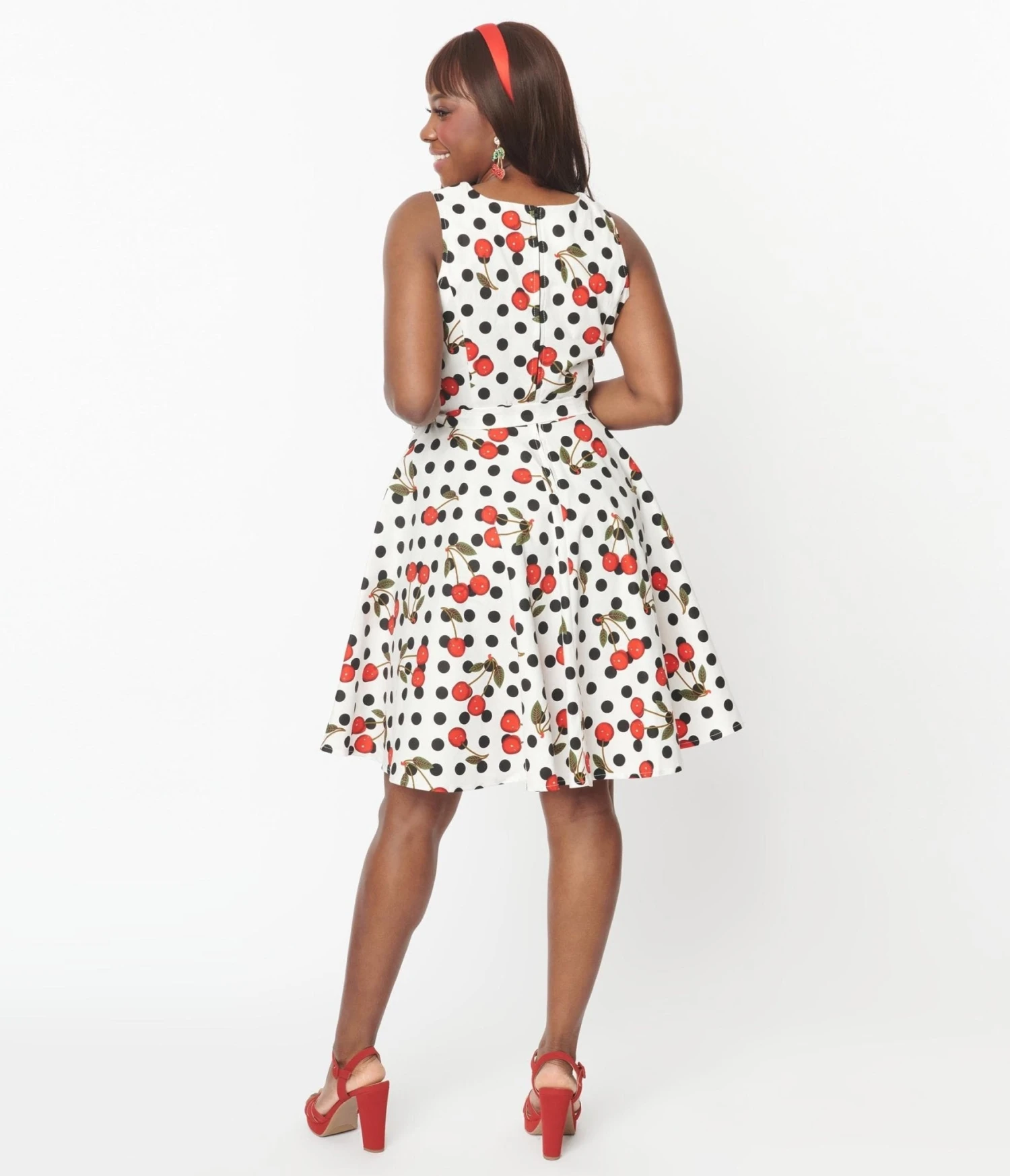 White & Black Polka Dot Cherries Swing Dress - Image 3