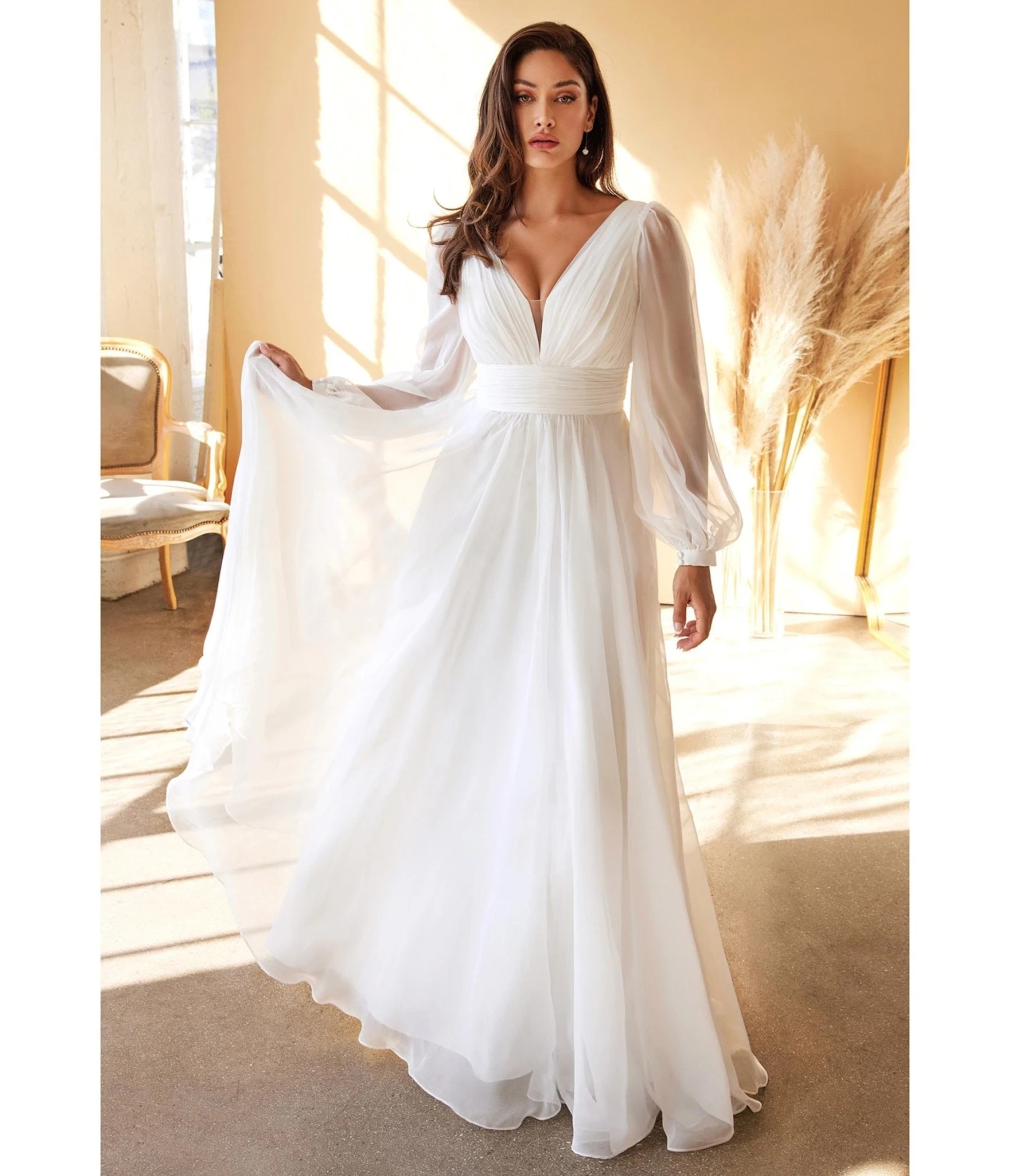 Cinderella Divine White Chiffon Sleeve Goddess Bridal Gown - Image 3