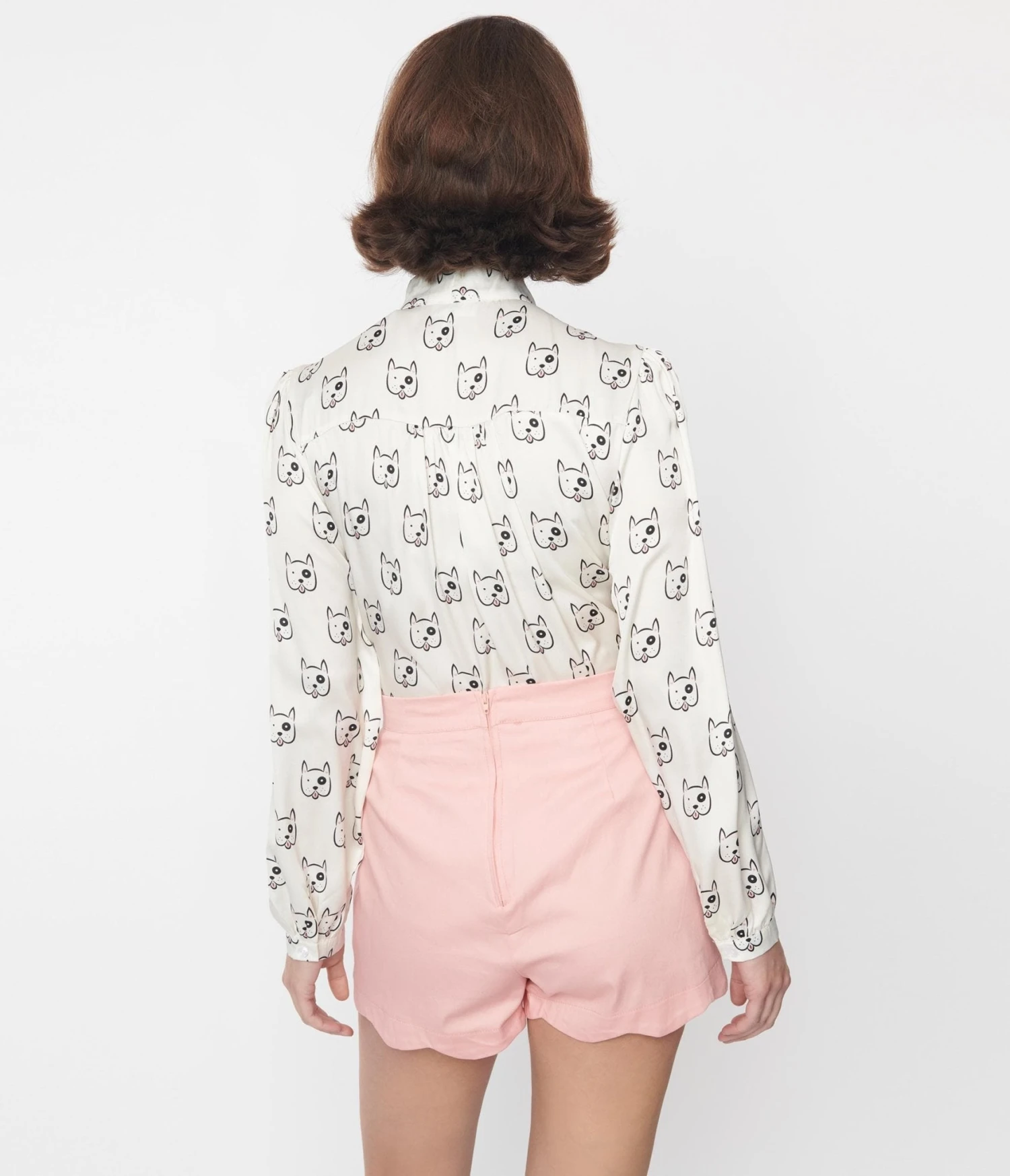 White Dog Print Satin Bow Long Sleeve Blouse - Image 2