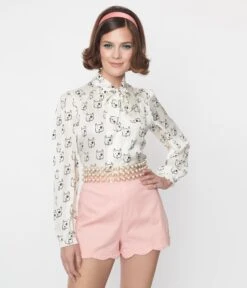 White Dog Print Satin Bow Long Sleeve Blouse