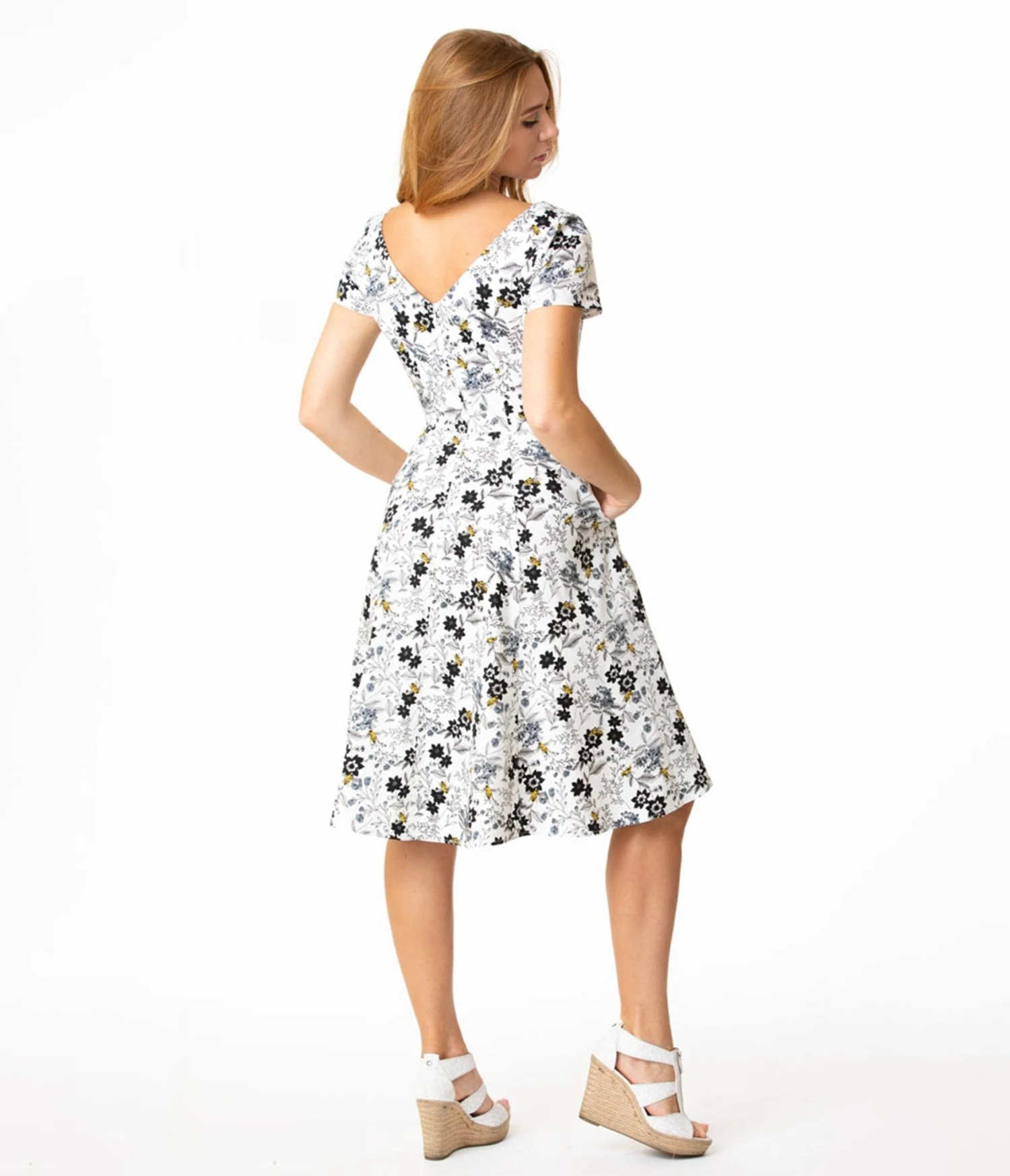 White Floral Bee Print Swing Dress - Image 3
