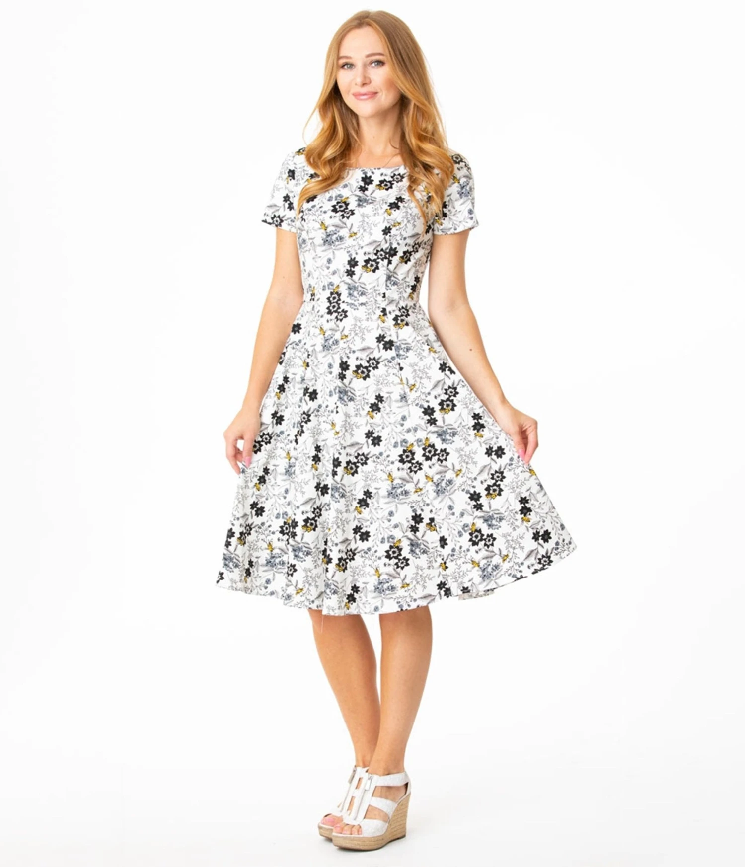 White Floral Bee Print Swing Dress