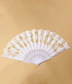 White & Gold Floral Glitter Hand Fan