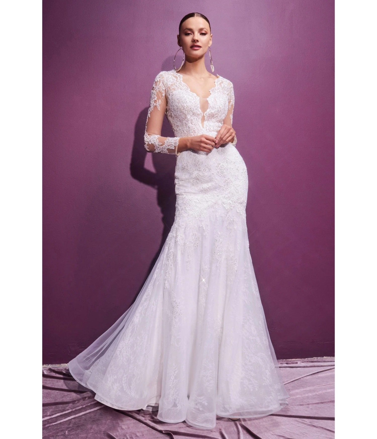 Cinderella Divine White Lace Long Sleeve Mermaid Bridal Gown