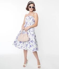 White & Lavender Floral Print Swing Dress