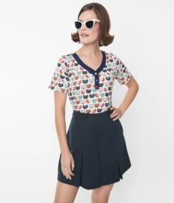 White & Multicolored Cats Knit Top