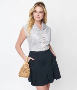 White & Navy Sailboat Collared Top