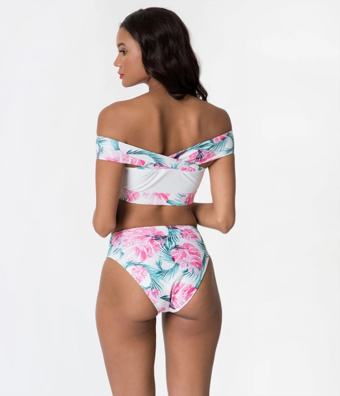 White & Pink Palm Leaf Print Bardot High Waist Brief Swim Bottoms - Image 3