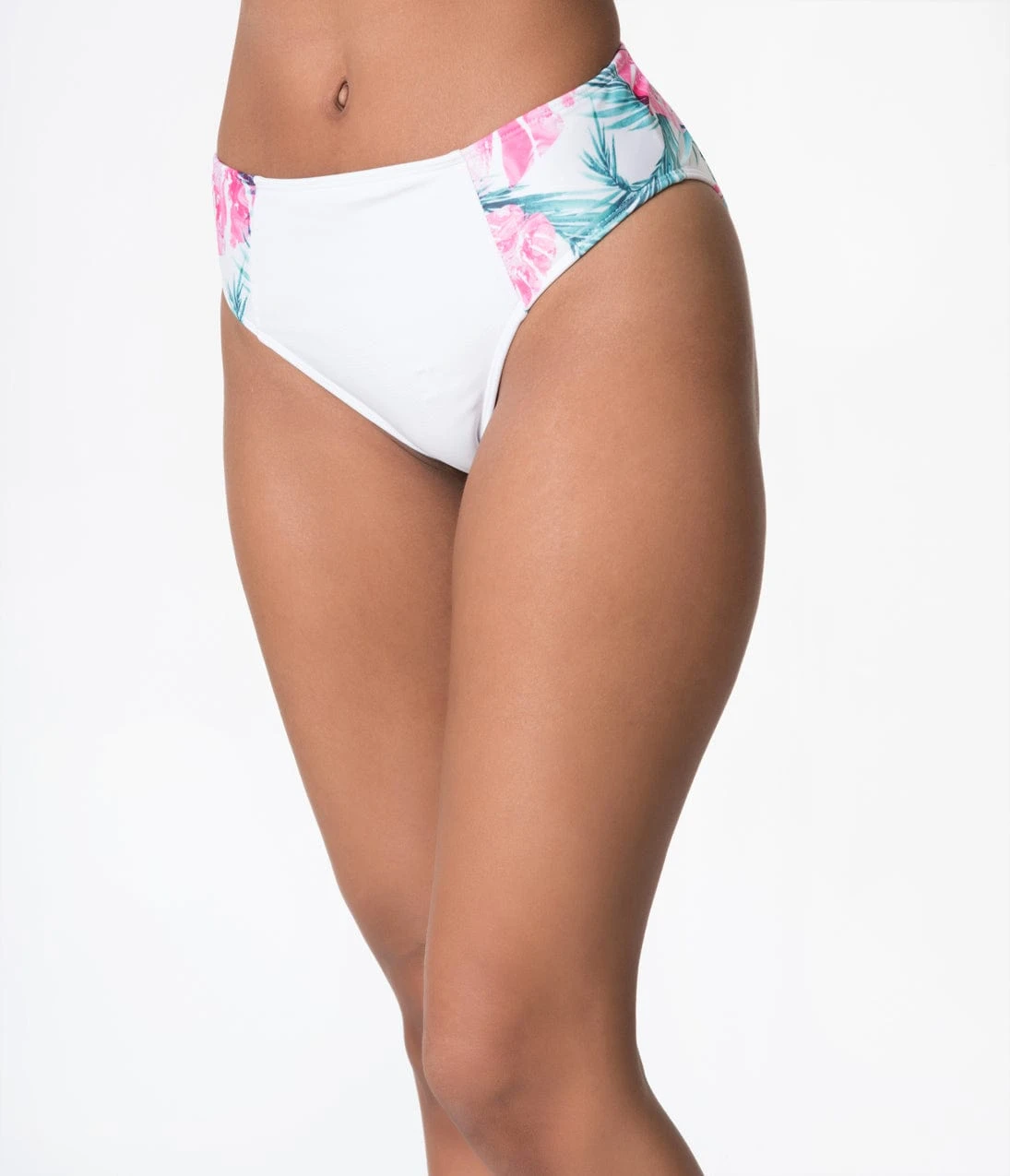 White & Pink Palm Leaf Print Bardot High Waist Brief Swim Bottoms - Image 5