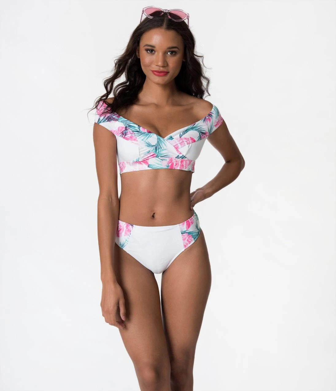 White & Pink Palm Leaf Print Bardot High Waist Brief Swim Bottoms - Image 4