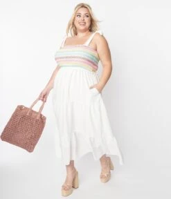 White & Rainbow Stitch Bodice Tiered Maxi Dress