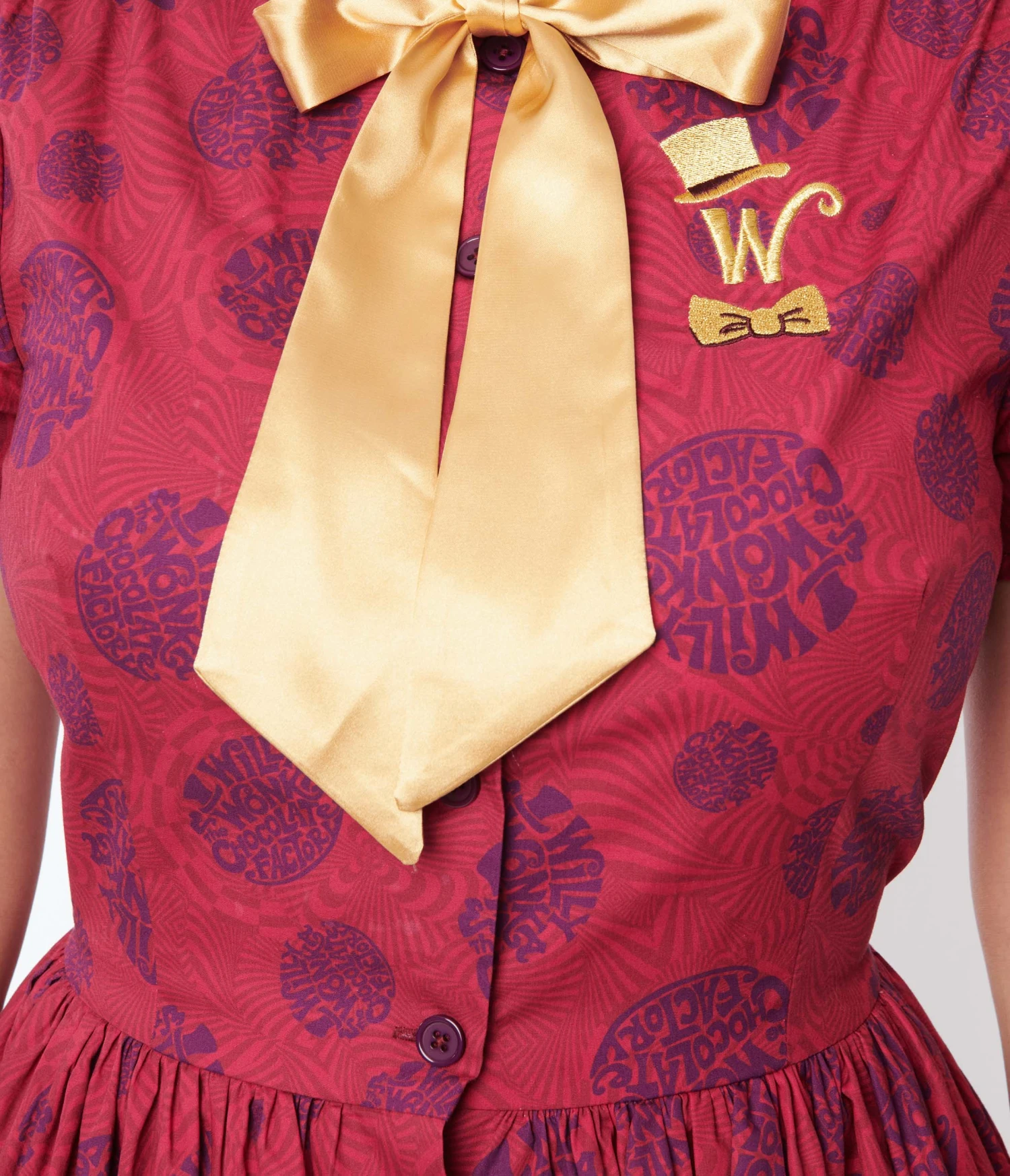 Willy Wonka X Unique Vintage Berry Swirls & Gold Bow Swing Dress - Image 2