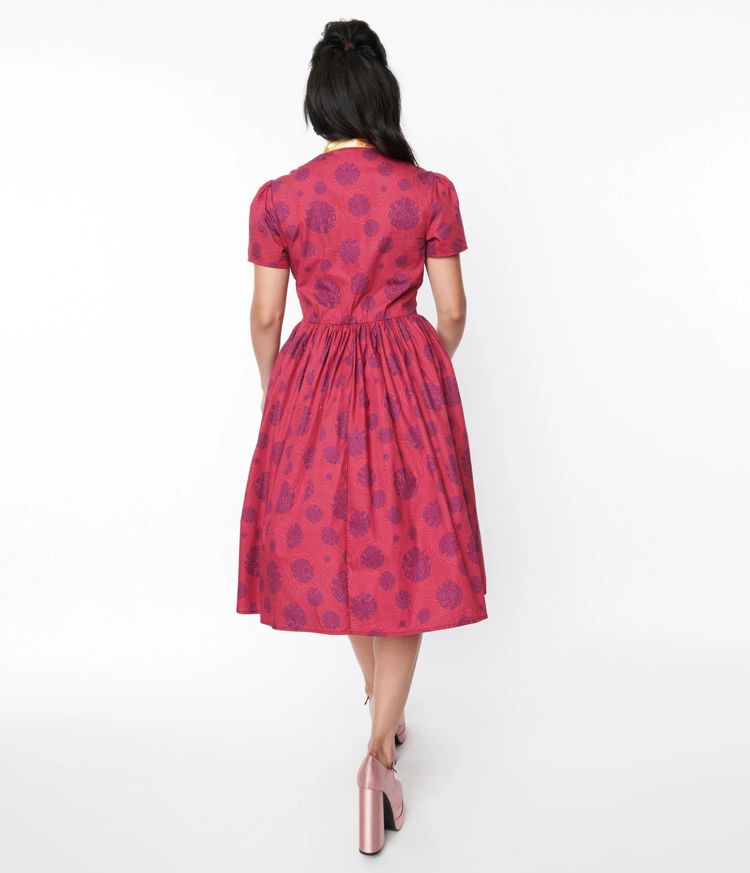 Willy Wonka X Unique Vintage Berry Swirls & Gold Bow Swing Dress - Image 3