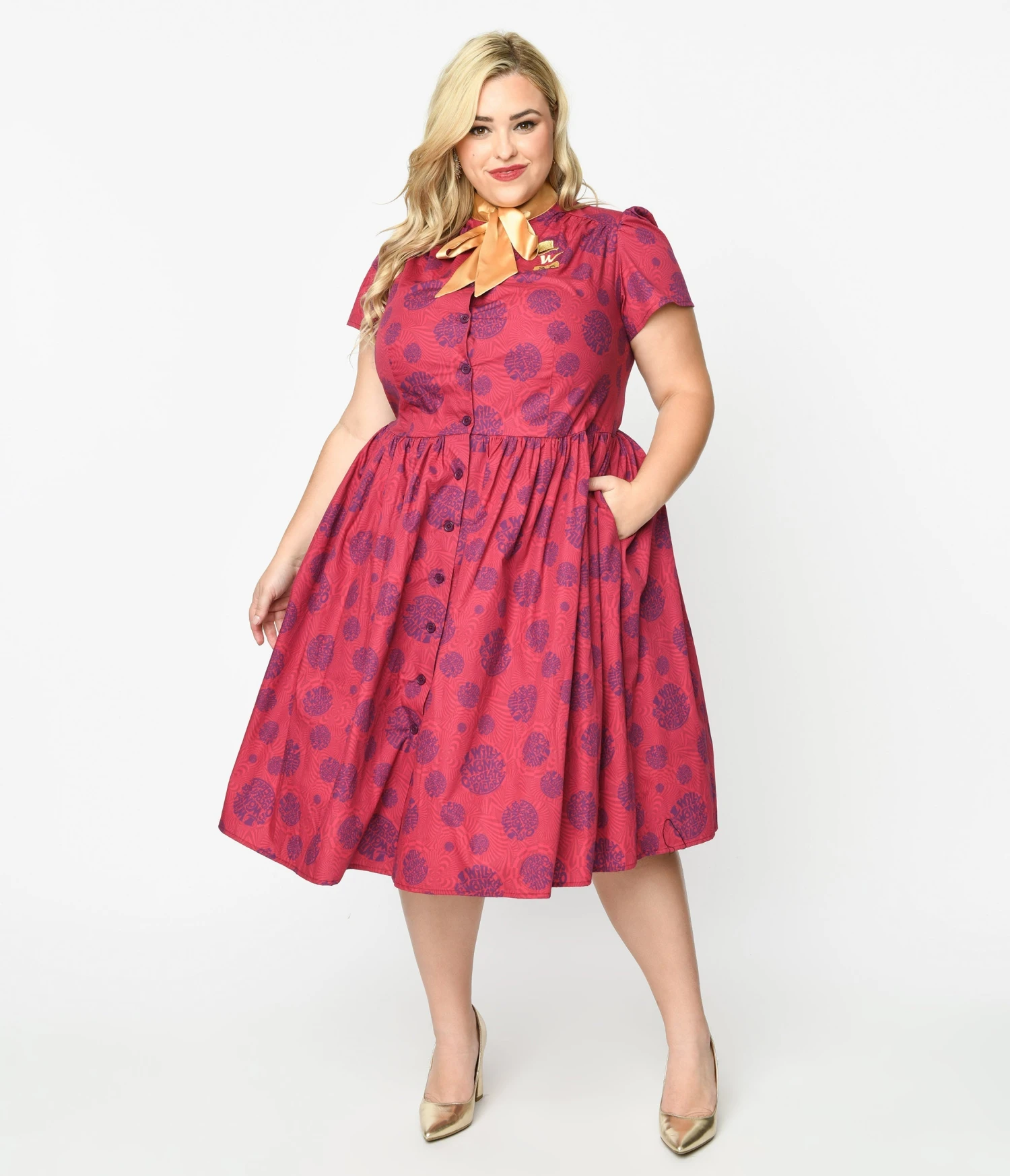 Willy Wonka X Unique Vintage Plus Size Berry Swirls & Gold Bow Swing Dress