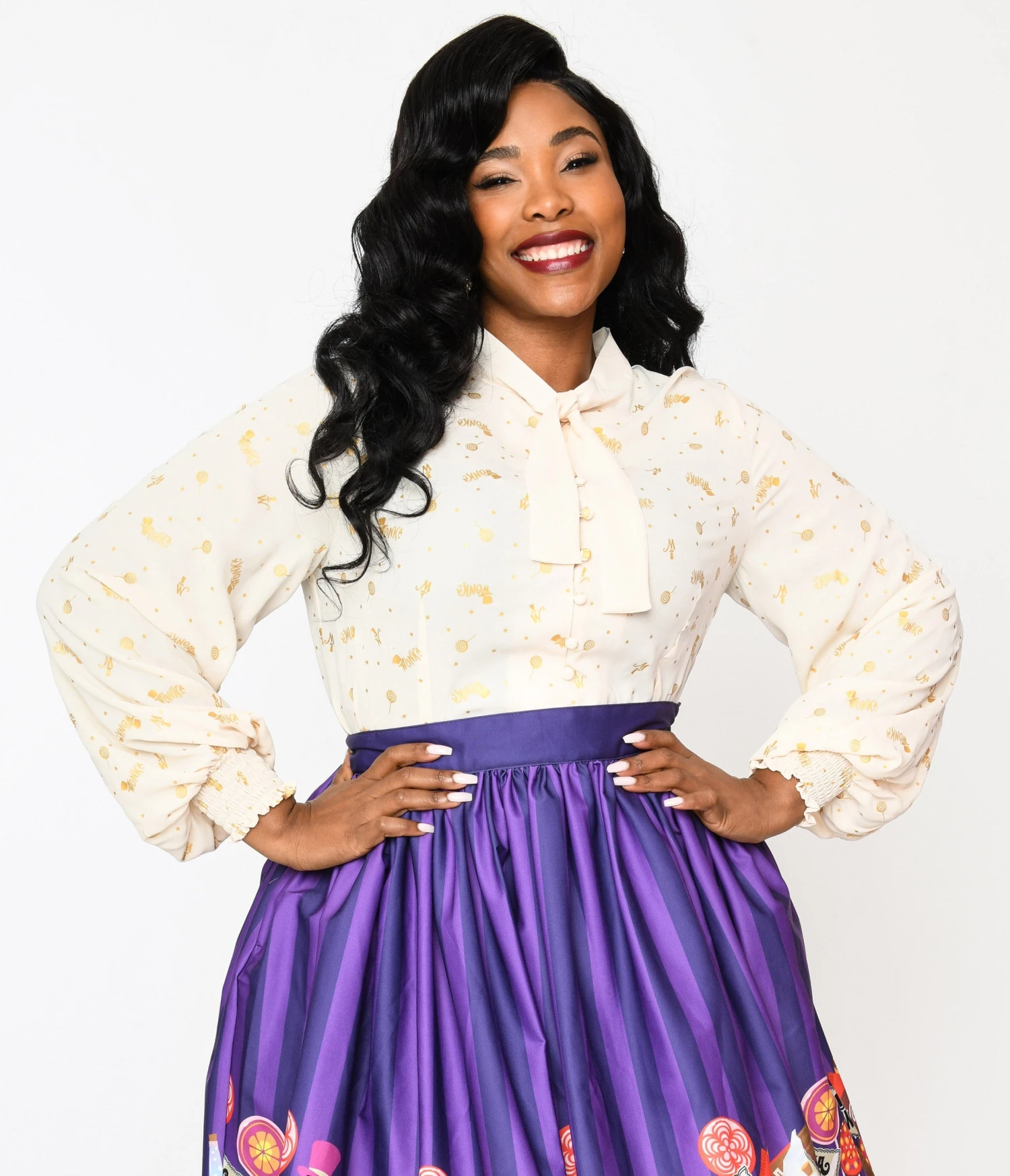 Willy Wonka X Unique Vintage Plus Size Cream & Gold Neck Tie Blouse Glitter Wonka Print