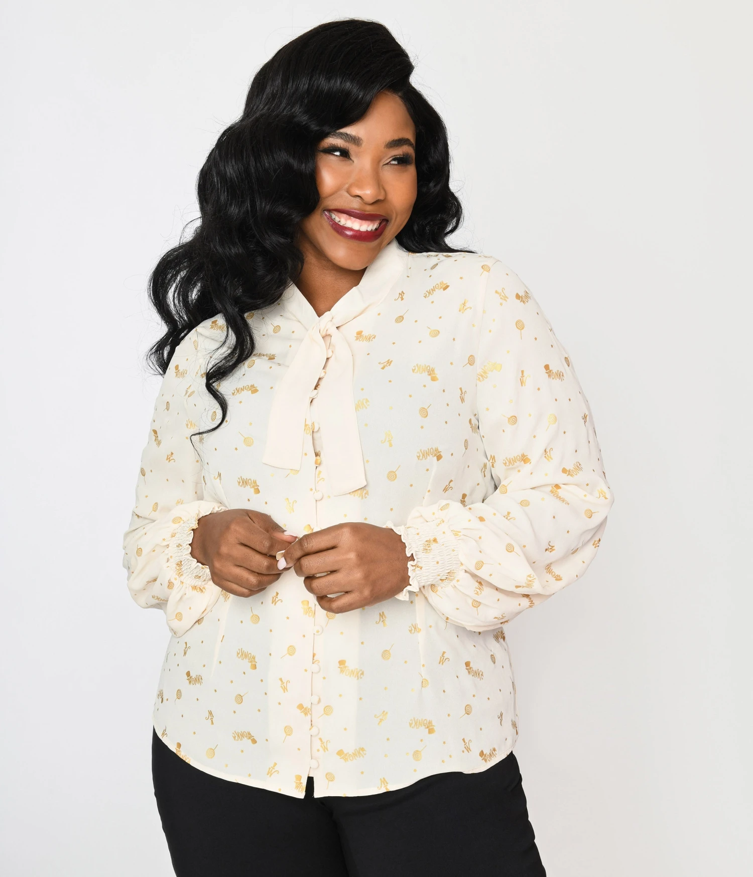 Willy Wonka X Unique Vintage Plus Size Cream & Gold Neck Tie Blouse Glitter Wonka Print - Image 3