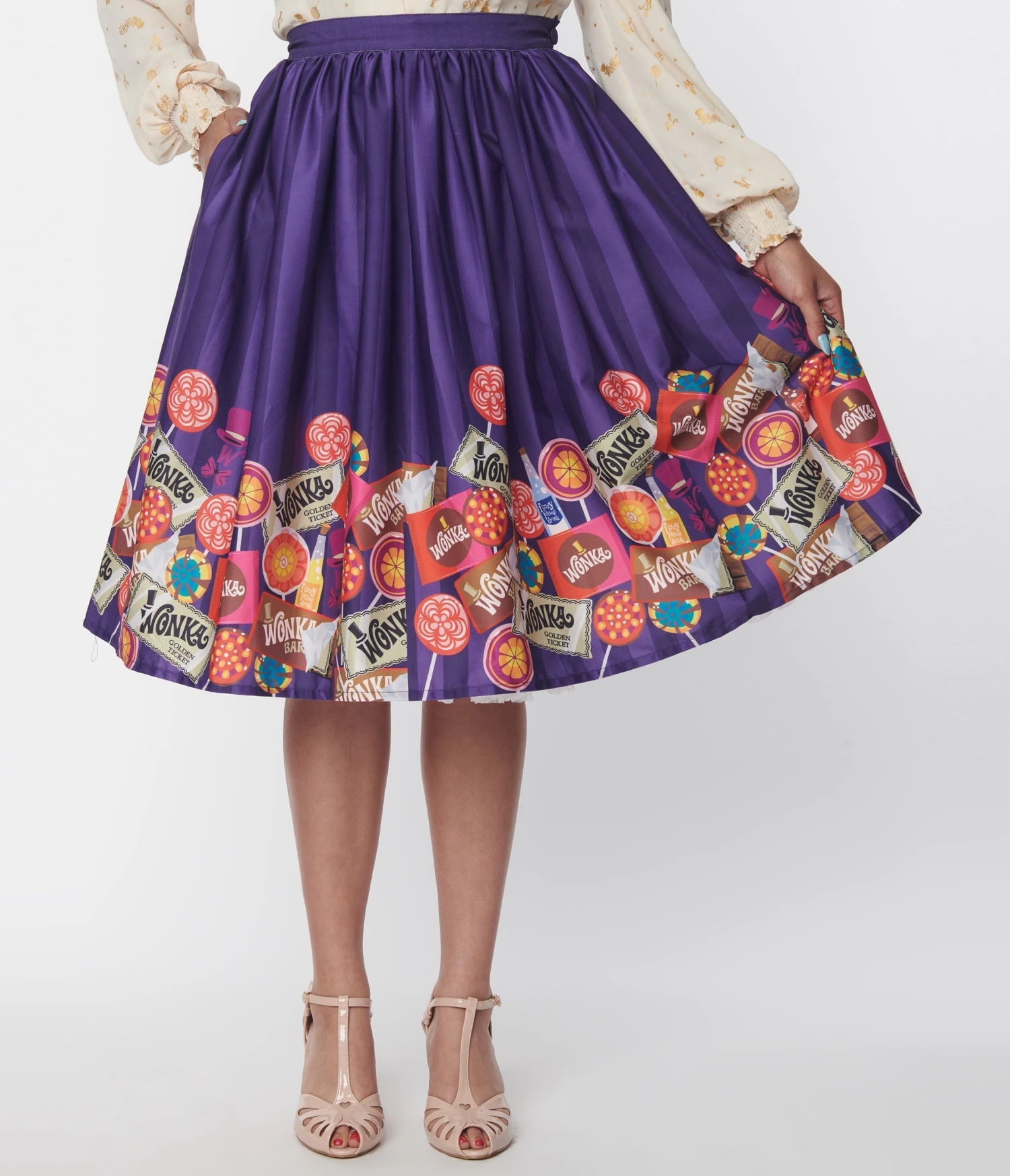 Willy Wonka X Unique Vintage Wonka Chocolate Border Gellar Swing Skirt - Image 2